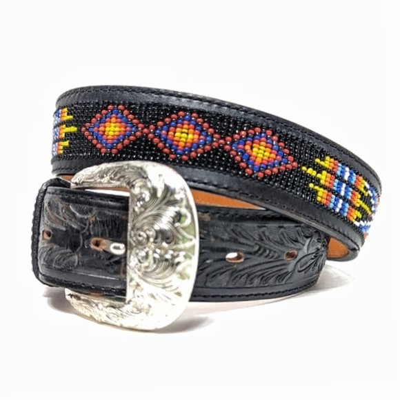 Tony Lama Other - Tony Lama Aztec Beaded Inlay Black Tooled Leather Belt 38
